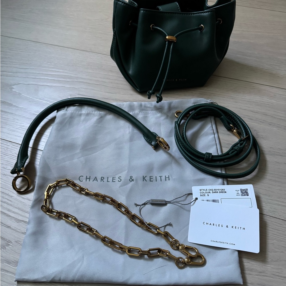 Charles & Keith Dark Green Mini Bucket Bag with Gold Chain